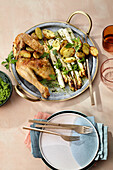 Corn-fed chicken and white asparagus arranged on a tray