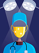 Surgeon wearing gold cup forming surgical mask, illustration