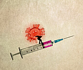 Man struggling with coronavirus on syringe, illustration