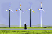 Man riding electric scooter past wind turbines, illustration
