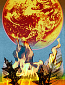Leaves burning below global warming planet, illustration