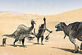 Deinocheirus protecting young from tarbosaurus, illustration