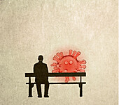 Man sitting on a bench next to Covid particle, illustration