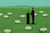 Speaker giving a speech to a field of sheep, illustration