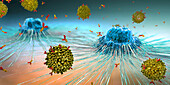 Lymphocytes cells attacking a cancer cell, illustration