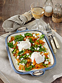 Carrot-potato sheet bake with egg and spinach