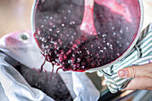 Preparing blackcurrant jelly: straining cooked fruit mixture through a cloth