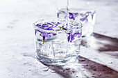 Cocktail with ice and flowers in a glass with sugar rim