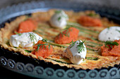Cheese pie with asparagus, sour cream and fish roe