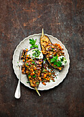 Grilled aubergine with lentils and yoghurt