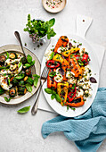 Grilled zucchini with burrata and grilled mini peppers with burrata