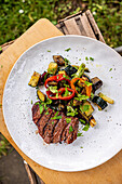 Grilled steak with grilled vegetables on plate