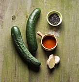 Ingredients for vegan cucumber salad with black sesame seeds