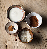 Ingredients for vegan cocoa rice pudding