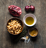 Ingredients for oriental chickpea pomegranate salad