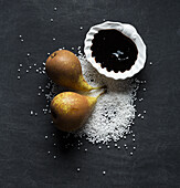 Ingredients for vegan 'caviar' - tapioca with liquorice syrup and pears