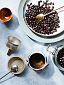 Overhead view of still life with coffee beans