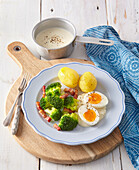 Soft boiled eggs with broccoli and potatoes