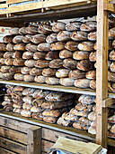 Stacks of Sourdough and Ciabtta breads for sale at Farmers Market in Cape Town, South Africa