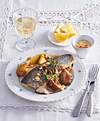 Trout with oyster mushrooms and baked potatoes
