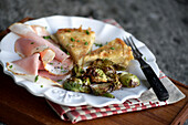 Potato tortilla with Christmas ham and roasted Brussels sprouts (leftovers)