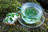 Herbal tea and wholemeal bread with cream cheese and wild herbs