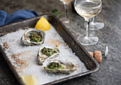Oysters with spinach and bacon topping, (Rockefeller oysters)