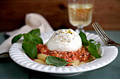 Pasta with raw tomato sauce and burrata