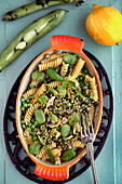 Fusilli with broad beans and pistachio pesto