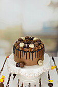 Chocolate cake decorated with pralines
