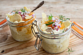 Almond potato puree with roe, horseradish and country chips