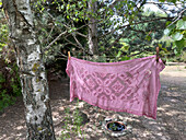 A tablecloth dyed with elderberries hangs on a line to dry