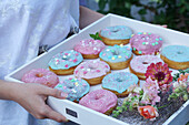 Coloured donuts with pastel icing on a wooden tray