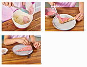 Decorating wafer cones with icing and sugar sprinkles