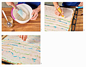 Decorating a sheet cake with icing sugar and sugar writing
