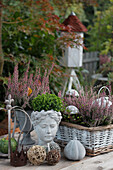 Autumn decoration with bust, basket with mushroom figures and heather (Erica)