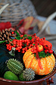 Autumn decoration with pumpkin, rowan berries, prickly fruits, and ornamental apple