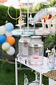 Party buffet with lemonade, fruits in paper bags on hanging shelf