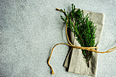 Fabric napkin with evergreen thuja branches
