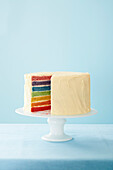 Rainbow Cake, cut on cake stand