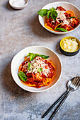 Butternut squash spaghetti with slow roasted tomato sauce and vegetarian meatballs