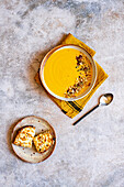 Creamy roasted butternut squash soup with garlic cheese toasties