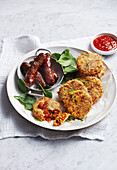 Corn and sweet potato hashbrowns with sausages