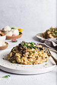 Porcini mushroom risotto on a small plate and topped with fresh dill