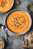 Sweet Potato Soup in a bowl on a grey background