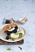 Yummy vegetarian sandwich with fresh blackberries and slices of tofu on marble table