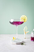 Transparent elegant glass filled with blackberry liqueur with ice and lemon slice on rim placed on stand
