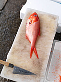 A red fish on a chopping board