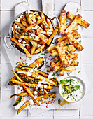 Variety of fried - Greek fetta and oregano fries, Haloumi fries, Zucchini fries and Greek yoghurt dipping sauce (Air fryer)