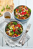 Easy lentil salad with kale , cucumber and chilli